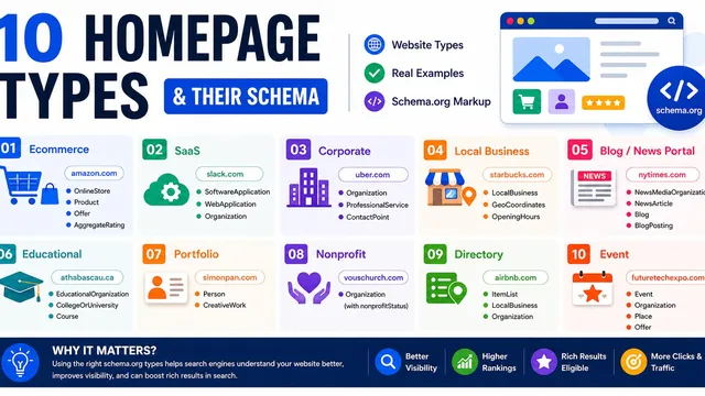 Homepage Schema Types: 10 Examples With JSON-LD Code
