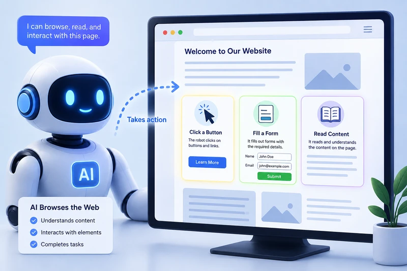 AI agent performing agentic browsing by visiting a website and taking actions like clicking buttons and filling forms