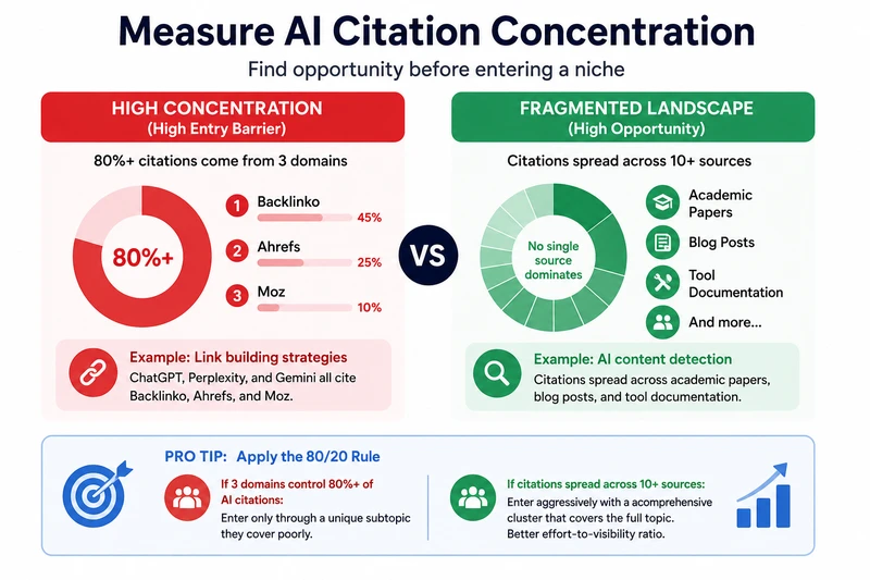 Apply the 80/20 rule. If three domains control 80% or more of AI citations, enter only through a unique subtopic they cover poorly.