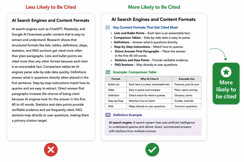 Comparison of dense prose versus extractable formats that AI search engines cite more often