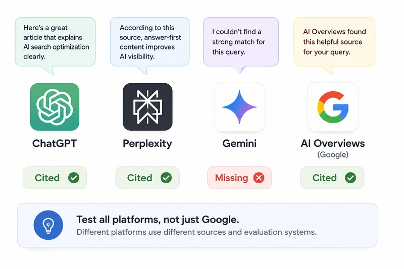 Cross-platform AI citation testing across ChatGPT, Perplexity, Gemini, and Google AI Overviews showing which platforms cite your content
