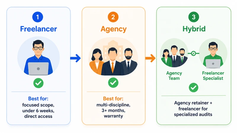 Three-panel decision model showing when to choose freelancer, agency, or hybrid based on project scope and needs