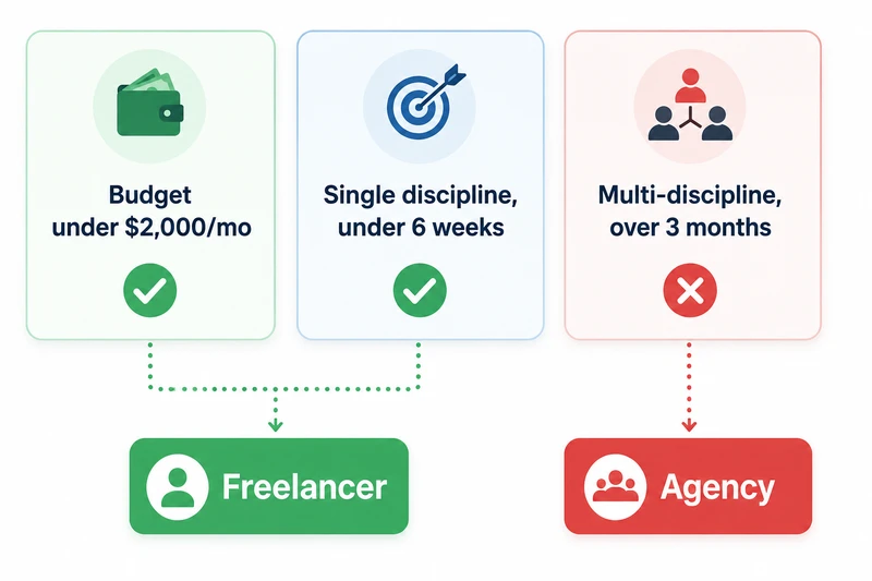 Decision matrix showing when budget and narrow scope point to freelancer versus agency