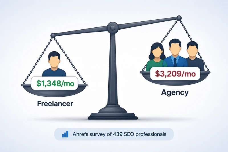 Cost comparison scale showing freelancer at $1,348 per month versus agency at $3,209 per month