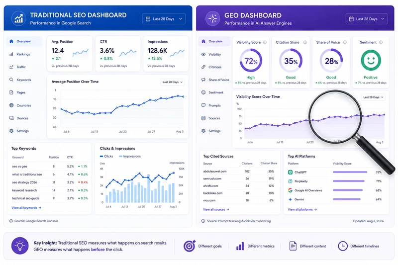 Traditional SEO dashboard compared to GEO dashboard with citation and visibility KPIs