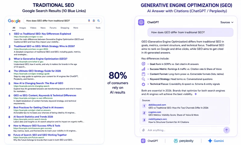 Traditional search results versus AI-generated answer citing multiple sources