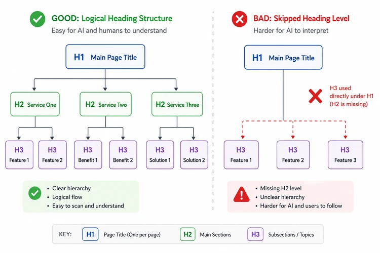 A tree diagram showing correct heading order from H1 to H2 to H3, with a red X marking the incorrect jump from H1 to H3.