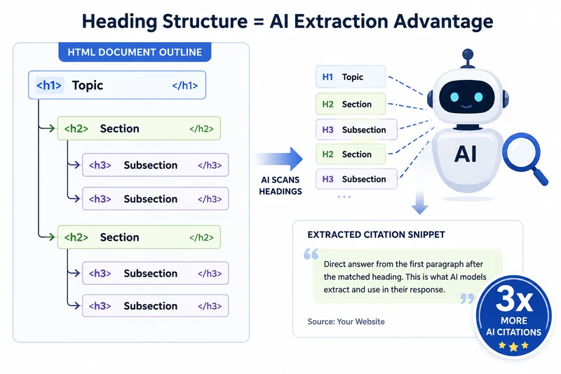 AI model scanning heading hierarchy tree showing H1 to H3 nested structure for content extraction