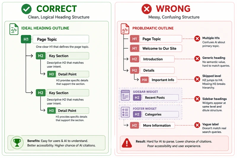 Comparison of correct sequential heading hierarchy versus common mistakes like skipped levels, duplicate H1s, and generic labels