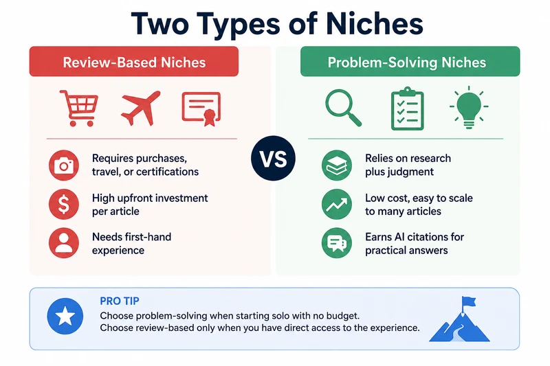 Choose problem-solving when starting solo with no budget for purchases or travel. Choose review-based only when you have budget