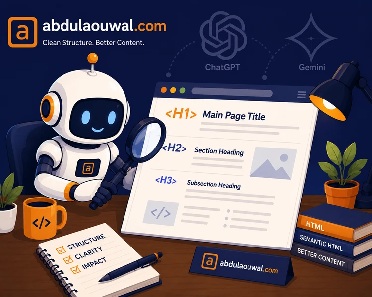 A robot examining a clean webpage structure to understand how technical SEO helps AI tools cite content.