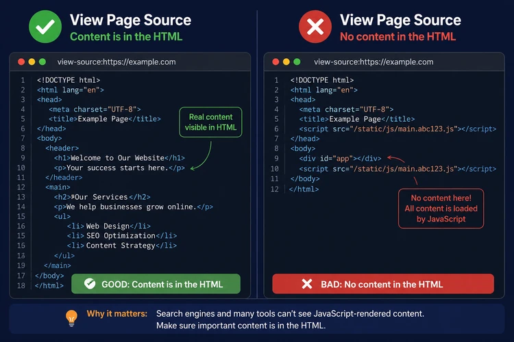 Browser View Page Source comparison showing readable HTML text on the left and an empty JavaScript container on the right.